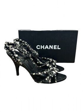 Chanel Tweed Heeled Sandals Black White Slingback Strappy Heels CC Size 38.5